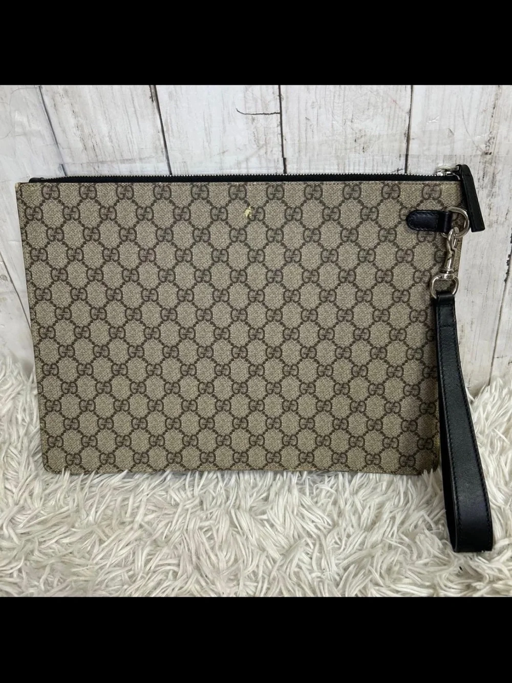 Gucci Beige GG Supreme Canvas Wristlet with Red and Green Web Stripe